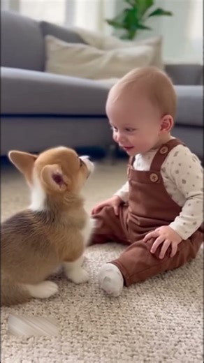 Baby and Corgi puppy had a wonderful conversation