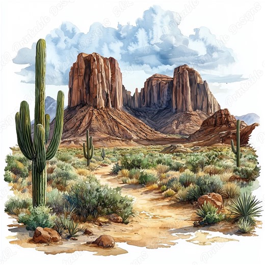 Watercolor Desert Landscape Clip Art, Cactus Mountain Printable (digital Download) - Etsy