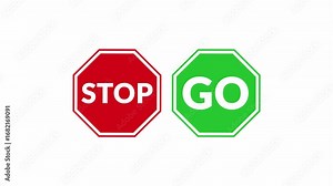 Stop and go signs indicating opposite actions for traffic and decision making concepts