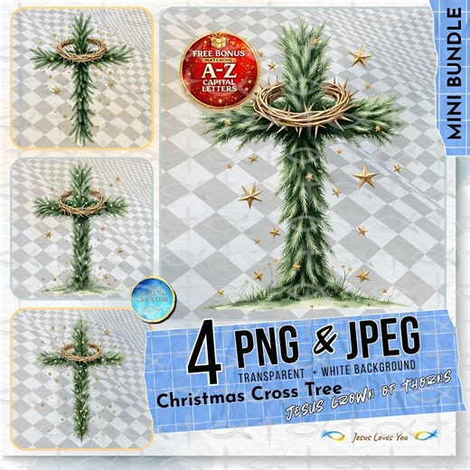 Christmas Cross Tree Clipart (PNG + JPEG) | Watercolor Jesus Cross With Crown of Thorns | Christian Christmas Religious Sublimation Design - Etsy