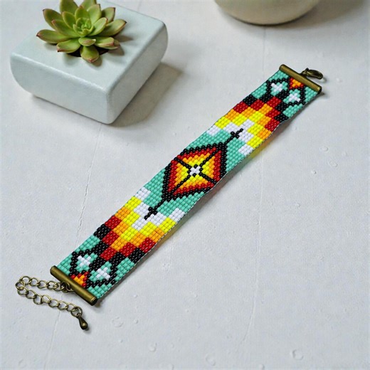 Geometric Beaded Cuff Bracelet, Native Inspired Seed Bead Loom Bracelet, Handmade Colorful Beadwork - Etsy