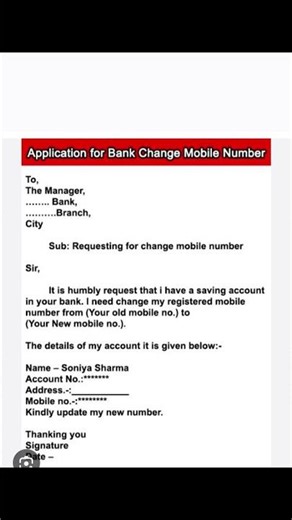 Application for change in registered mobile number to bank I letter for change in registered mob no