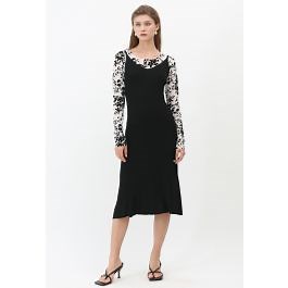 Fitted Ribbed Knit Cami Dress in Black