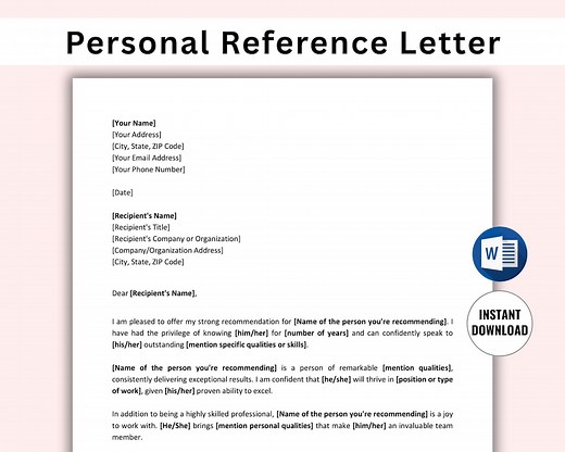 Personal Reference Letter Template Editable, Character Reference Letter, Printable Recommendation Letter, Word & PDF Download - Etsy UK