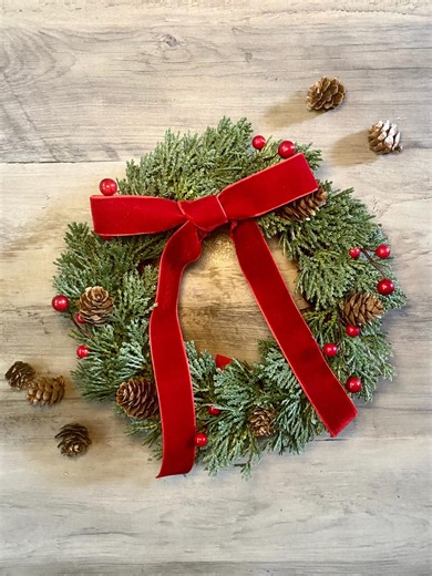 Mini Christmas Cabinet Wreath With Velvet Bow and Red Berries, Small 8 Inch Christmas Wreath - Etsy