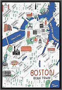Kate and Laurel Sylvie Boston Illustration Framed Canvas Wall Art by Stacie Bloomfield of Gingiber, 23x33 Black, Bohemian Cityscape Wall Accent