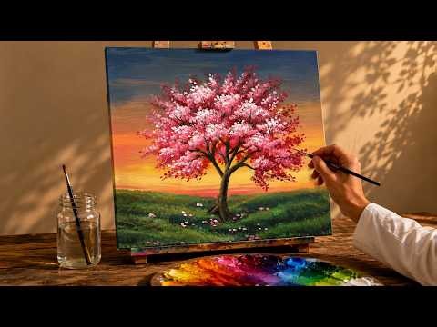 Easy Cherry Blossom Tree Sunset Acrylic Painting Tutorial | Beautiful Spring Landscape for Beginners