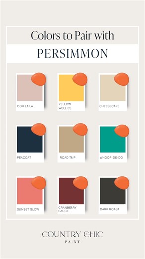 Wondering how this week's featured color, "Persimmon" might work in your home? Check out a few of our favorite color pairings to see if it fits your color scheme! Persimmon is the perfect, bold, citrus orange. It’s an eye-catching color that makes us think of a refreshing glass of freshly squeezed orange juice. It pairs well with warm neutrals like Soiree as well as other bold colors like Peacoat for a complementary contrast. It also complements natural wood tones, such as oak or maple, and work