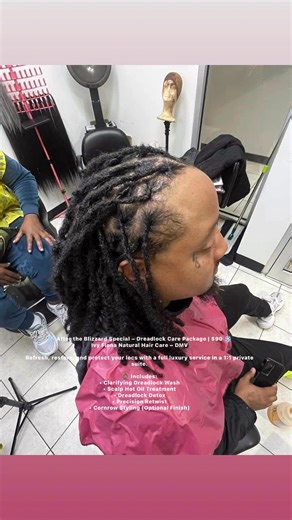 ❄️ After the Blizzard Special – Dreadlock Care Package | $90 ❄️ Ivy Fiona Natural Hair Care – DMV Refresh, restore, and protect your locs with a full luxury service in a 1:1 private suite. 💆🏽‍♂️ Includes: • Clarifying Dreadlock Wash • Scalp Hot Oil Treatment • Dreadlock Detox • Precision Retwist • Cornrow Styling (Optional Finish) | Ivy Smith