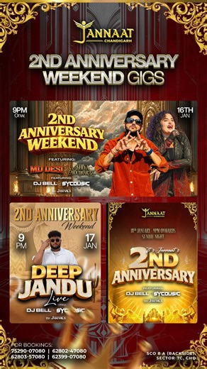 Jannaat Chandigarh on Instagram: "🔥 THE LOUDEST WEEKEND OF THE YEAR STARTS HERE 🔥 Chandigarh brace yourself as Jannaat celebrates 2 ICONIC YEARS with a weekend that is bigger louder and bolder than ever ✨ This is not just an anniversary it is a full scale takeover with three power packed nights designed to keep the energy rising till the very end 🎶 16th January MD Desi Rockstar and Shiva Choudhary kick off the celebrations with unstoppable beats and electrifying live perf