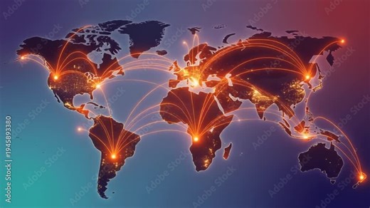 Global connectivity map with glowing orange lines and nodes on a gradient background, symbolizing international communication and travel
