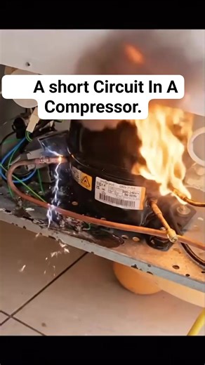 #Akhalira Electronics Tutorial. A short Circuit In A Compressor. A short circuit in a compressor "blows" (trips breakers/blows fuses) because the motor's insulated copper windings get damaged (nicked, overheated), causing electricity to arc or jump to another winding or the metal casing, creating a path of very low resistance (a short) that draws massive current, instantly overloading the circuit and tripping protection devices. This excessive current generates extreme heat, often melting insula