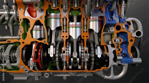 Detailed Cutaway View of a Complex Internal Combustion Engine Showing Pistons Crankshaft and Gears motor