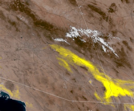 Blowing dust is visible this afternoon in yellow on this enhanced satellite product from GOES-18. Lower visibilities have been observed on I-10 and Highways 191, 70 through Safford and the Gila River Valley. Visibility can drop below a mile in these areas. Use caution if driving today! | US National Weather Service Tucson Arizona