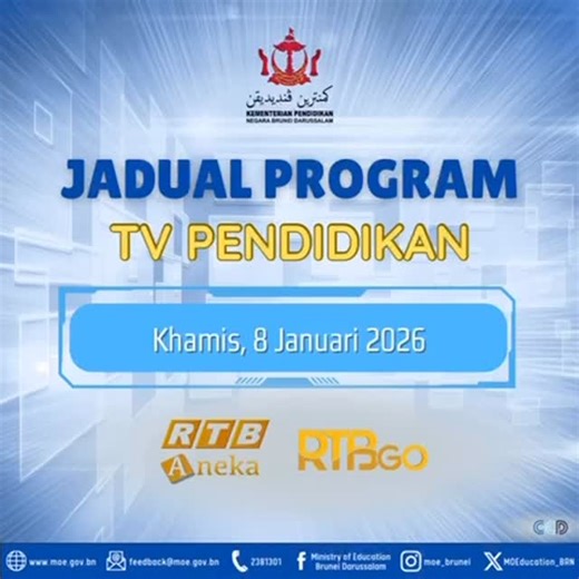 moe_brunei on Instagram: "Program TV Pendidikan bersiaran di RTB Aneka dan RTBGO setiap hari Isnin hingga Khamis dan Sabtu. Siaran Program TV Pendidikan bagi hari Khamis, 8 Januari 2026 bermula jam 8.00 – 10.00 pagi. Program TV Pendidikan terbitan Unit TV Pendidikan, Pusat Teknologi Pendidikan, Kementerian Pendidikan."