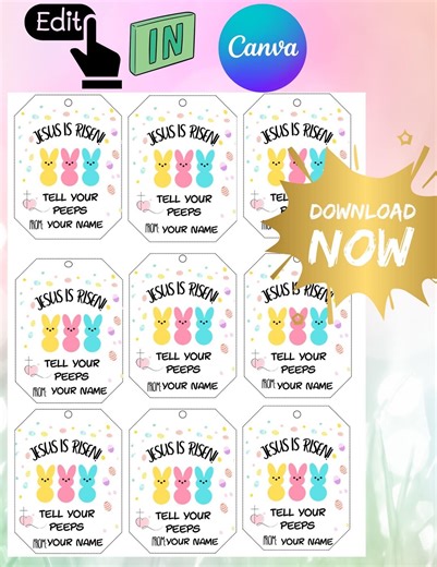 Editable Christian Easter Gift Tags Printable Editable Canva Easter Tags Sunday School Classroom Treat Favor Tag Easter Peeps He is Risen - Etsy