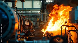Industrial Fire Safety Intense Flames Erupting in a Manufacturing Facility Amidst a Fire Emergency Situation