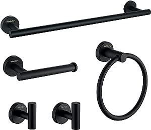 5 pcs Bathroom Hardware Set, Stainless Steel Round Wall Mounted Include 20" Bath Towel Bar,Toilet Paper Holder, Hand Towel Ring, 2 Towel Robe Hooks,Bathroom Accessories Kit (Matte Black)