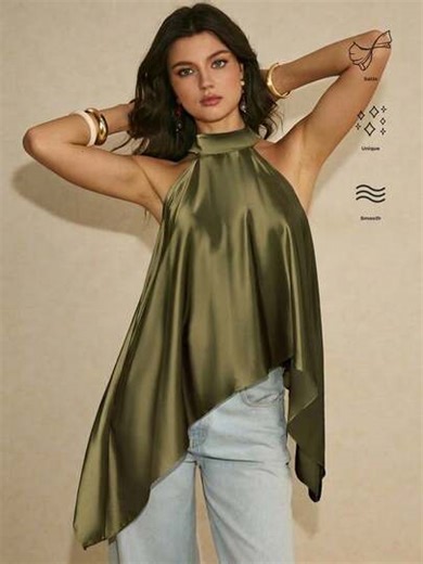 Poéselle Blusa casual asimétrica con cuello de halter en color verde, blusa elegante para mujer, blusas casuales para mujer, para vacaciones, estilo Y2K, blusa verde, blusa de verano, para mujer en primavera, blusa para salir para mujer, primavera/verano | SHEIN