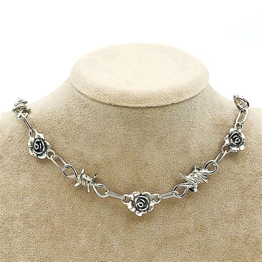 Antique Silver Rose Barbed Wire Choker: Gothic Punk Y2K Necklace - Etsy Australia