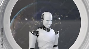 Futuristic robot, artificial intelligence CGI inside spaceship in space universe overlooking planet earth outside the space shuttle window . Robotic man 3D render animation .