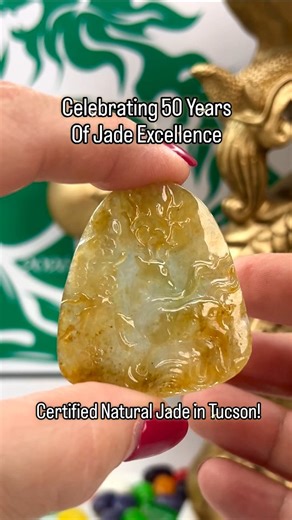 Amazing Jade by Mason-Kay! Come Celebrate With Us! Come See Me, Kristina Mason, And Exquisite Natural Jade Like This Incredible Translucent Yellow Jadeite Jade Carving! Can You See The Deer? The Deer Represents Success & Longevity #yellowjade #jadecarving #jadecolor #jademeaning #jadeitejade AGTA GemFair Tucson Booth 1200 Celebrating 50 Years Specializing in Natural Jadeite Jade & Nephrite Jade, Jade Jewelry, Jade Stones, Jade Discs, Jade Bangles & More. | Mason-Kay Jade