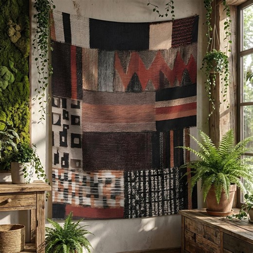 Modern Abstract Tapestry, Earth Tone Patchwork Wall Hanging, Contemporary Textile Decor - Etsy