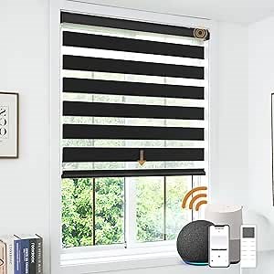 Motorized Zebra Blinds, Cordless Blackout Window Shades with Remote, Custom Dual Layer Smart Roller Shades with Alexa Google Assistant, Automatic Light Filtering Blinds,Luxury Black