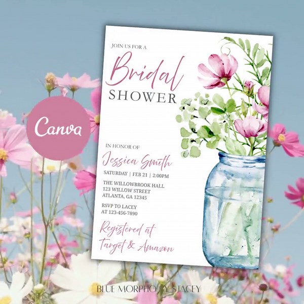 Mason Jar Bridal Shower Invitation Template, Watercolor Garden Party Invite (digital Download) - Etsy