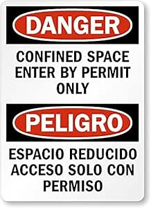 SmartSign Adhesive Vinyl OSHA Safety Sign, Legend "Danger: Confined Space Enter by Permit Only", 14" high x 10" wide, Black/Red on White