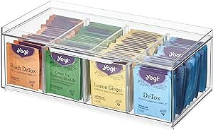 iDesign XL Tea Bag Organizer for Counter, 4-Section Clear Stackable Tea Storage Drawer for Cabinet