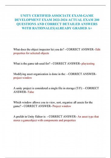 UNITY CERTIFIED ASSOCIATE EXAM GAME DEVELOPMENT EXAM ACTUAL EXAM 200 QUESTIONS AND CORRECT DETAILED