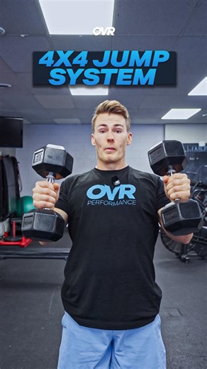 Take you vertical to the next level with the 4x4 Jump System  Here's how you can do the 4x4 Jump System: 1️⃣ 4 Dumbbell Jumps 2️⃣ 4 Standing Vertical Jumps 3️⃣ Complete your workout 4️⃣ 4 Standing Vertical Jumps Try this in your next training session and let us know!  #GamifyYourTraining | OVR Performance | Facebook
