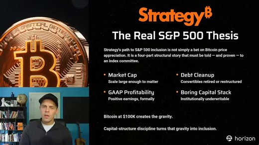 STRATEGY TO THE S&P 500 BECAUSE IT'S INEVITABLEEveryone thinks MSTR’s S&P 500 path is just “Bitcoin goes up, number goes up.” Wrong. This is about Strategy turning from a deranged Bitcoin trebuchet into an institutionally legible capital markets weapon. GAAP profitability. Convertible debt cleanup. USD liquidity reserves. Passive index flows. And the hilarious possibility that the world’s most boring retirement portfolios may eventually be forced to own amplified Bitcoin exposure in a suit and t
