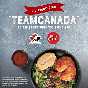 Tonight only! Download the Swiss Chalet mobile app and enter the promo code "TEAMCANADA" to get $5 off when you spend $30. Go #TeamCanada! 🏒🙌 #WorldJuniors | Swiss Chalet