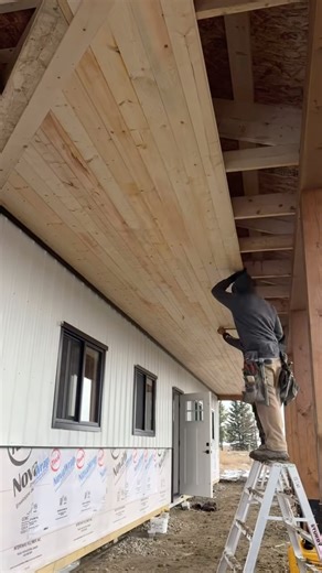 Cinch Carpentry - Colton McKenzie on Instagram: "Start to finish of the tongue & groove pine ceiling in the wrap around porch of our new HQ  Now, the question is… clear coat it or stain to match the fir posts & beams?? #CinchCarpentry #QualityOverQuantity #PostFrame #Pine #Wood #Ceiling #WrapAround #Porch #Cordless #Finishing #Nailer #Tools #MitreSaw #Alberta"