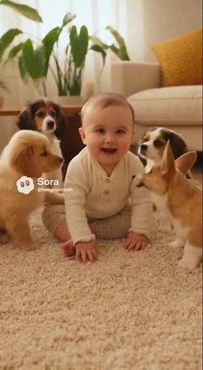 Baby Teaches Puppies How to Play Dead