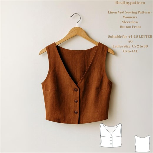 Linen Vest Sewing Pattern – Women’s Sleeveless Button Front Crop Top PDF (XS–4XL) - Etsy