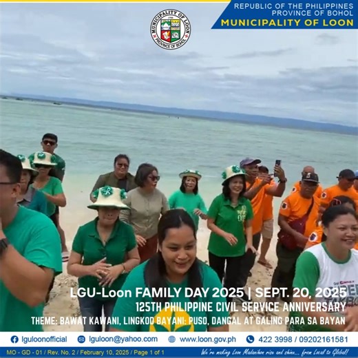 LGU-Loon Celebrates Family Day 2025: Mayor Literatus Honors Public Servants and Their Families Loon, Bohol – September 20, 2025. The scenic Brigsland Beach in Basdacu became the heart of fellowship and celebration as the Local Government Unit of Loon held its much-anticipated LGU-Loon Family Day 2025, in line with the 125th Philippine Civil Service Anniversary. The event gathered officials, plantilla personnel, JOCOS workers, and NGA personnel assigned in Loon, honoring their steadfast service t