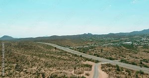 Panorama over view Hwy US 87 interchanges highways along desert landscape in mountain Arizona