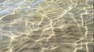 Sand ripples on the sea bottom. Beautiful light caustics effect on shallow beach water, sunny light effect in slow motion for video projects. Relaxing vacation holiday video