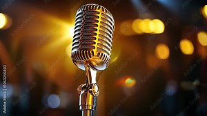 Retro Microphone on Stage with Lights, vintage, golden, performance, music, concert