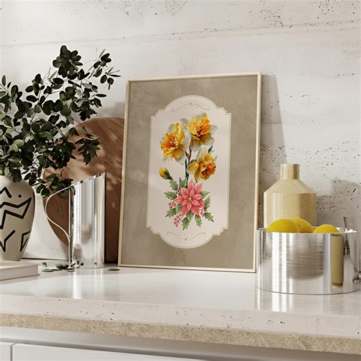 December Birth Flower Wall Art | Narcissus & Holly Printable | Good Cheer Floral Art | Brown Botanical | Digital Download - Etsy