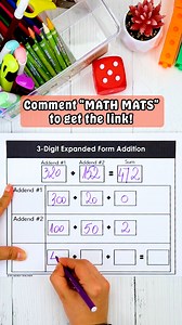 I love using Math Mats in my classroom for: counting ✨ addition ➕ subtraction ➖ multiplication strategies place value telling time ⏰ fractions 🍰, and so much more! They’ve been a total game changer for making math hands-on and engaging for my students. Plus, they’re perfect for practicing two-digit addition with regrouping in a super fun way! Want to see for yourself? Comment “math mats” below to get it! #mathmats #placevalue #homeschoollife #MathTeacher #MathIsFun #HandsOnMath #MathActivities 