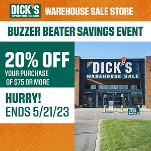 Save big at DICK'S Warehouse Sale store! 🎉 Take 20% off your purchase of $75 or more. No coupon necessary. | DICK'S Sporting Goods