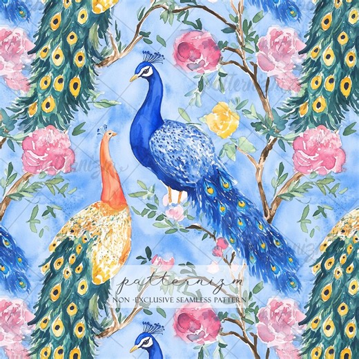 Seamless Peacock Pattern Digital Download – Elegant Watercolor Peacocks with Flowers, Luxury Bird Fabric Print