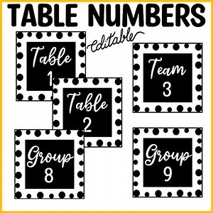 Printable Polka Dots black and white Table, Team and group Numbers, Editable