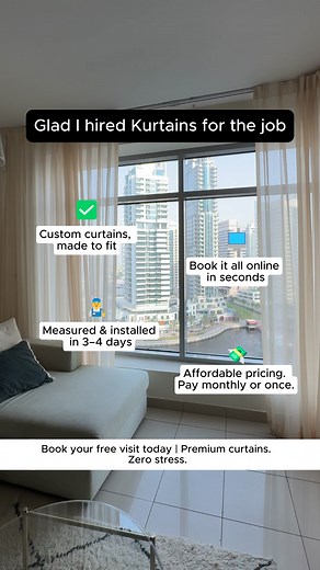 Custom-made curtains, measured and installed in just days — all booked online. Premium quality, transparent pricing, and flexible payments. Book your free visit today at Kurtains.ae ✨ | GetKurtains