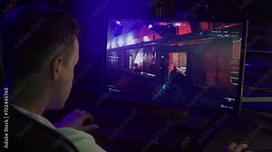 Gamer playing the modern online warfare simulator game. Playing the round of the multiplayer online shooter video game. Player losing a match of the online military battle game tournament. FPS.