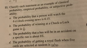 Classify each statement as an example of classical probability,... | Filo